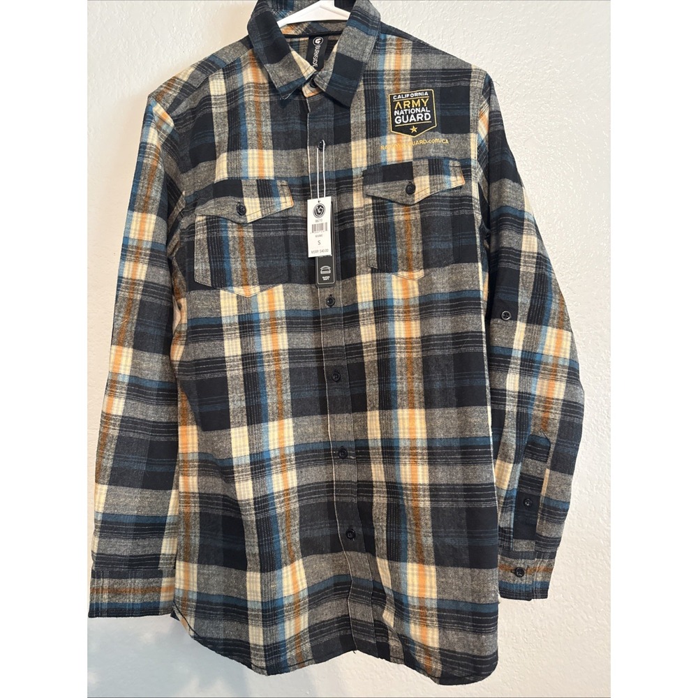 Burnside Plaid Flannel Shirt Men's Small NWT Khaki CA Army National Guard B8210